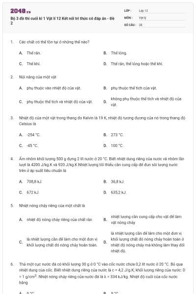 Bộ 3 đề thi cuối kì 1 Vật lí 12 Kết nối tri thức có đáp án - Đề 2