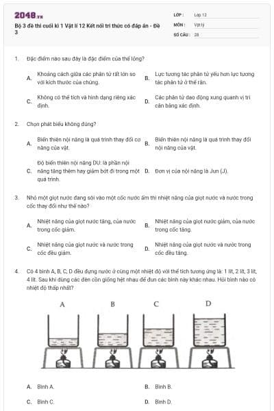 Bộ 3 đề thi cuối kì 1 Vật lí 12 Kết nối tri thức có đáp án - Đề 3