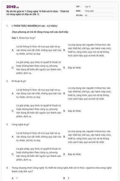 Bộ đề thi giữa kì 1 Công nghệ 10 Kết nối tri thức - Thiết kế và công nghệ có đáp án (Đề 1)