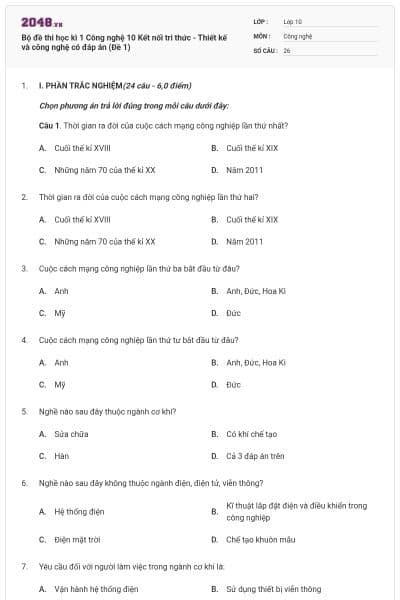 Bộ đề thi học kì 1 Công nghệ 10 Kết nối tri thức - Thiết kế và công nghệ có đáp án (Đề 1)
