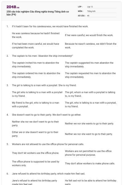 250 câu trắc nghiệm Câu đồng nghĩa trong Tiếng Anh cơ bản (P4)