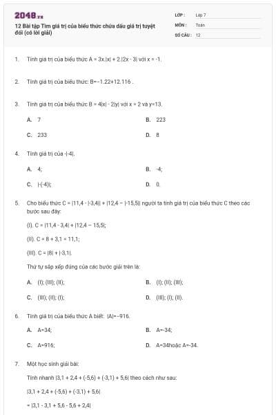 12 Bài tập Tìm giá trị của biểu thức chứa dấu giá trị tuyệt đối (có lời giải)