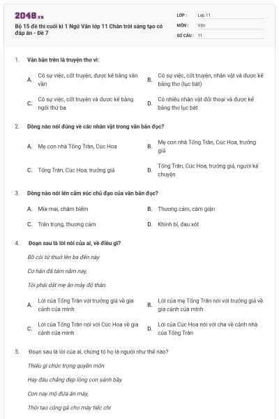 Bộ 15 đề thi cuối kì 1 Ngữ Văn lớp 11 Chân trời sáng tạo có đáp án - Đề 7