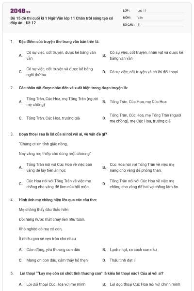Bộ 15 đề thi cuối kì 1 Ngữ Văn lớp 11 Chân trời sáng tạo có đáp án - Đề 12
