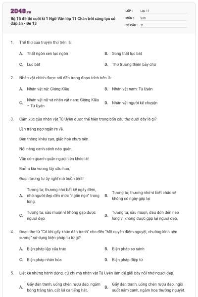 Bộ 15 đề thi cuối kì 1 Ngữ Văn lớp 11 Chân trời sáng tạo có đáp án - Đề 13