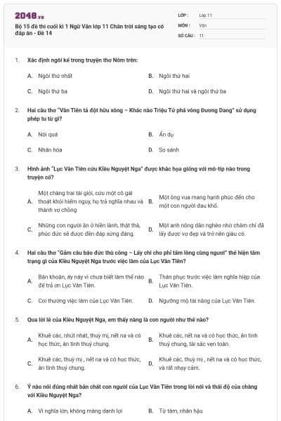 Bộ 15 đề thi cuối kì 1 Ngữ Văn lớp 11 Chân trời sáng tạo có đáp án - Đề 14