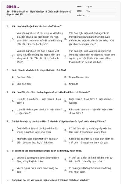 Bộ 15 đề thi cuối kì 1 Ngữ Văn lớp 11 Chân trời sáng tạo có đáp án - Đề 15