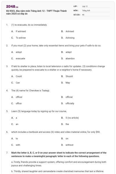 Đề KSCL đầu năm môn Tiếng Anh 12 - THPT Thuận Thành năm 2025 có đáp án