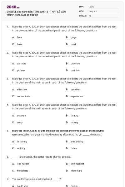 Đề KSCL đầu năm môn Tiếng Anh 12 - THPT LÊ VĂN THỊNH năm 2025 có đáp án