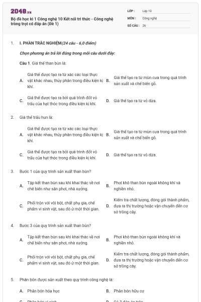 Bộ đề học kì 1 Công nghệ 10 Kết nối tri thức - Công nghệ trồng trọt có đáp án (Đề 1)