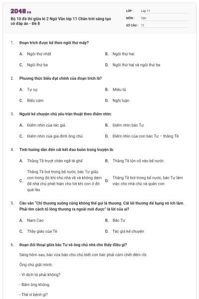 Bộ 10 đề thi giữa kì 2 Ngữ Văn lớp 11 Chân trời sáng tạo có đáp án - Đề 8