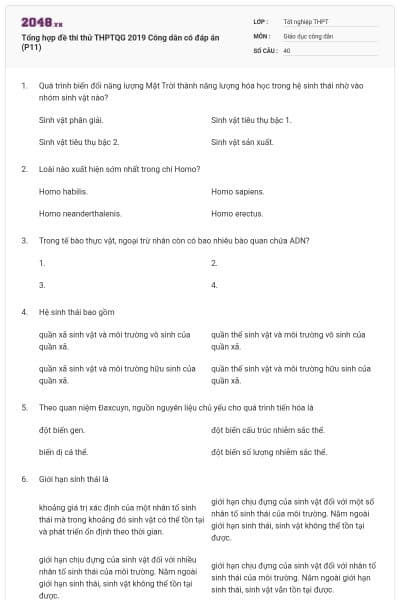 Tổng hợp đề thi thử THPTQG 2019 Công dân có đáp án (P11)