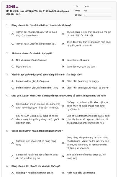 Bộ 10 đề thi cuối kì 2 Ngữ Văn lớp 11 Chân trời sáng tạo có đáp án - Đề 4