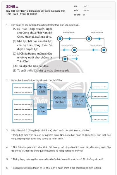 Giải SBT Sử 7 Bài 16. Công cuộc xây dựng đất nước thời Trần (1226 - 1400) có đáp án