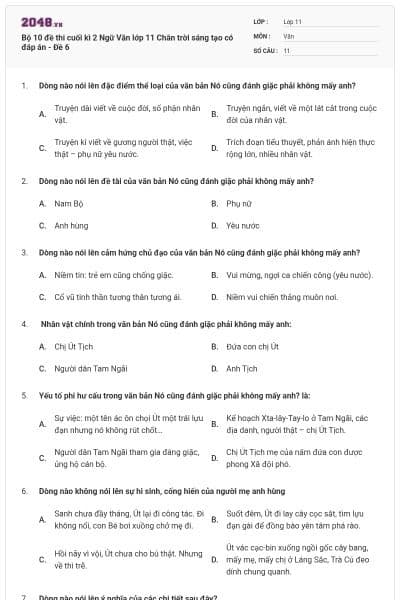 Bộ 10 đề thi cuối kì 2 Ngữ Văn lớp 11 Chân trời sáng tạo có đáp án - Đề 6