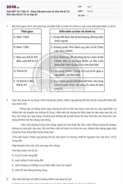 Giải SBT Sử 7 Bài 21. Vùng đất phía nam từ đầu thế kỉ 10 đến đầu thế kỉ 16 có đáp án