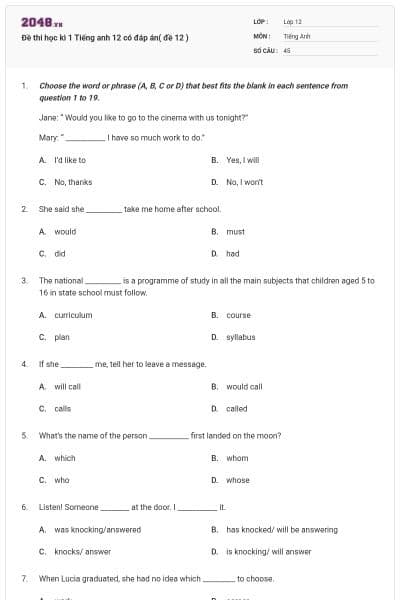 Đề thi học kì 1 Tiếng anh 12 có đáp án( đề 12 )