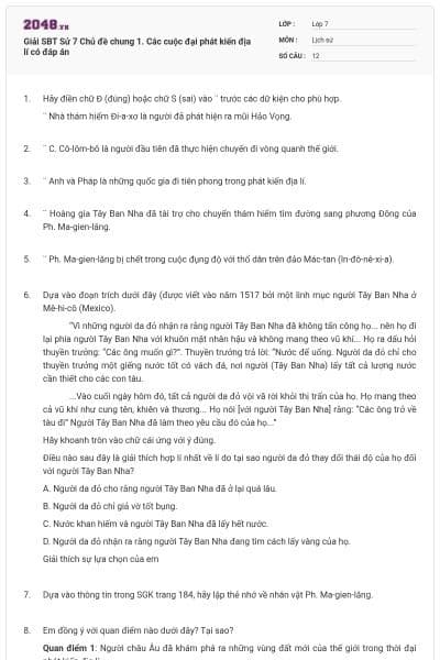 Giải SBT Sử 7 Chủ đề chung 1. Các cuộc đại phát kiến địa lí có đáp án