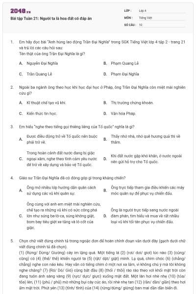 Bài tập Tuần 21: Người ta là hoa đất có đáp án