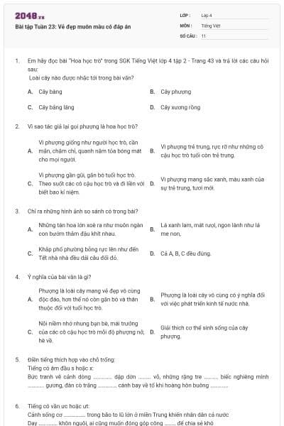 Bài tập Tuần 23: Vẻ đẹp muôn màu có đáp án