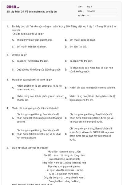 Bài tập Tuần 24: Vẻ đẹp muôn màu có đáp án