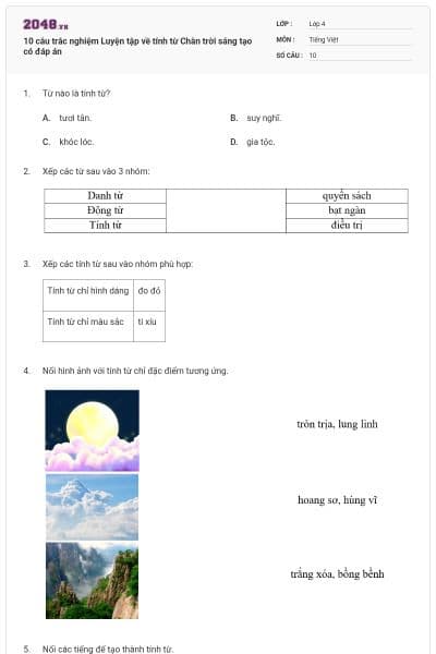 10 câu trắc nghiệm Luyện tập về tính từ Chân trời sáng tạo có đáp án