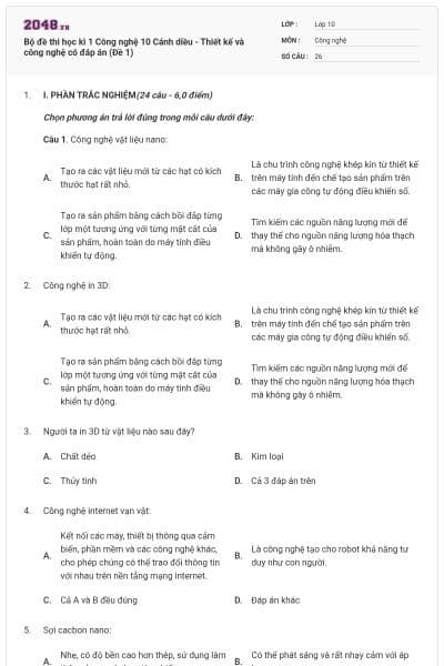 Bộ đề thi học kì 1 Công nghệ 10 Cánh diều - Thiết kế và công nghệ có đáp án (Đề 1)