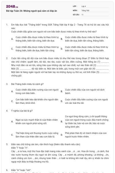 Bài tập Tuần 26: Những người quả cảm có đáp án