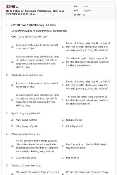 Bộ đề thi học kì 1 Công nghệ 10 Cánh diều - Thiết kế và công nghệ có đáp án (Đề 2)