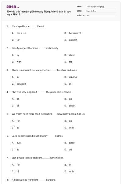 500 câu trắc nghiệm giới từ trong Tiếng Anh có đáp án cực hay - Phần 7
