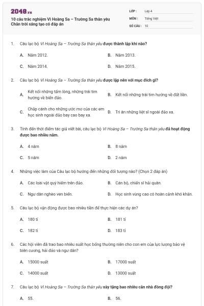 10 câu trắc nghiệm Vì Hoàng Sa – Trường Sa thân yêu Chân trời sáng tạo có đáp án
