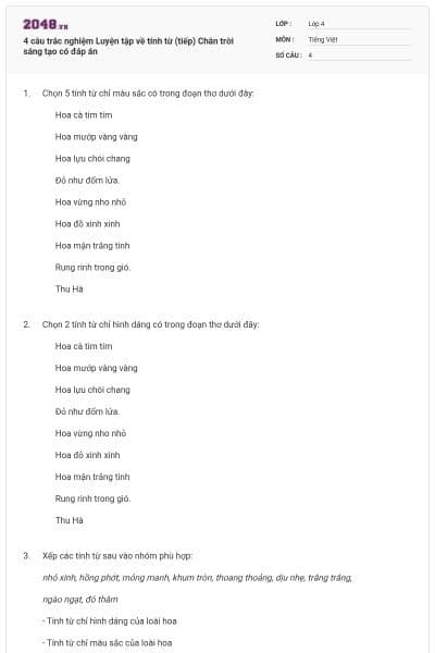 4 câu trắc nghiệm Luyện tập về tính từ (tiếp) Chân trời sáng tạo có đáp án