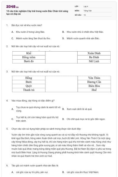 10 câu trắc nghiệm Cây trái trong vườn Bác Chân trời sáng tạo có đáp án