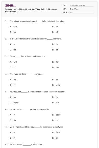 500 câu trắc nghiệm giới từ trong Tiếng Anh có đáp án cực hay - Phần 8