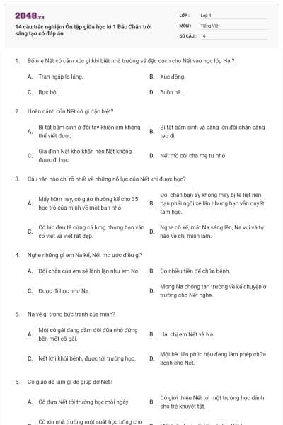 14 câu trắc nghiệm Ôn tập giữa học kì 1 Bác Chân trời sáng tạo có đáp án