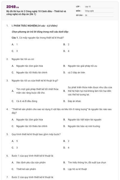 Bộ đề thi học kì 2 Công nghệ 10 Cánh diều - Thiết kế và công nghệ có đáp án (Đề 1)