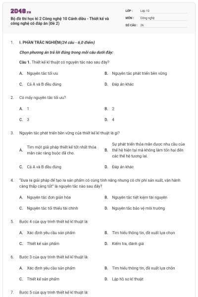 Bộ đề thi học kì 2 Công nghệ 10 Cánh diều - Thiết kế và công nghệ có đáp án (Đề 2)