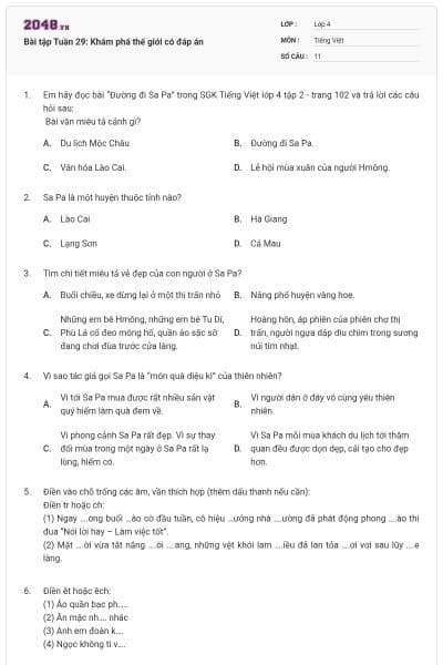 Bài tập Tuần 29: Khám phá thế giới có đáp án
