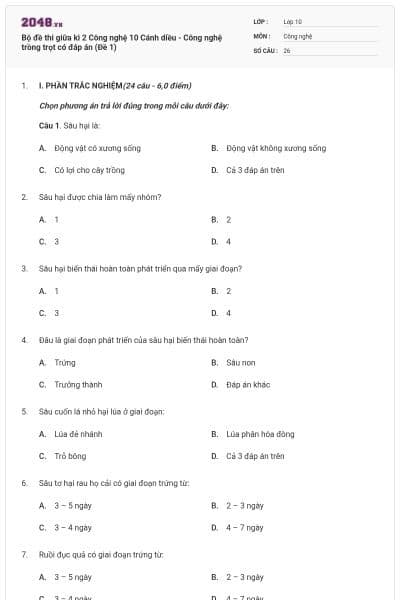 Bộ đề thi giữa kì 2 Công nghệ 10 Cánh diều - Công nghệ trồng trọt có đáp án (Đề 1)