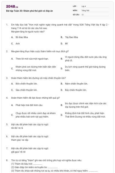 Bài tập Tuần 30: Khám phá thế giới có đáp án