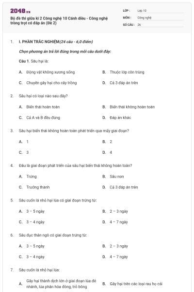 Bộ đề thi giữa kì 2 Công nghệ 10 Cánh diều - Công nghệ trồng trọt có đáp án (Đề 2)