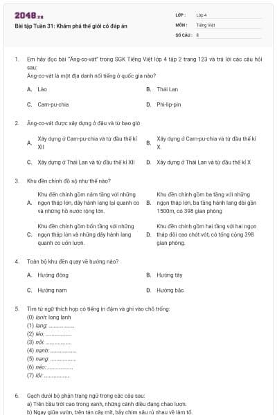 Bài tập Tuần 31: Khám phá thế giới có đáp án