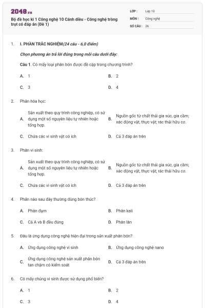 Bộ đề học kì 1 Công nghệ 10 Cánh diều - Công nghệ trồng trọt có đáp án (Đề 1)