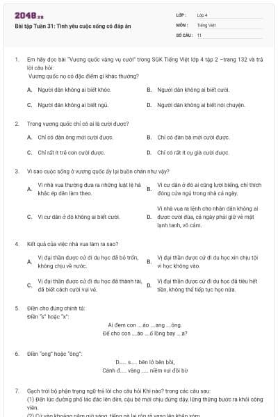 Bài tập Tuần 31: Tình yêu cuộc sống có đáp án