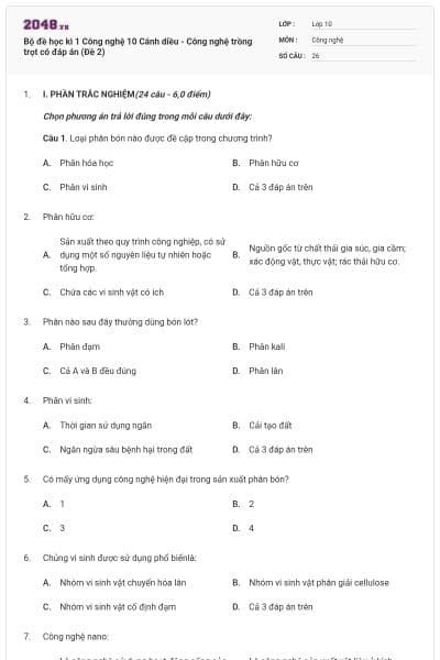 Bộ đề học kì 1 Công nghệ 10 Cánh diều - Công nghệ trồng trọt có đáp án (Đề 2)