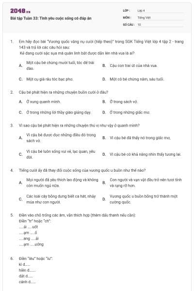 Bài tập Tuần 33: Tình yêu cuộc sống có đáp án