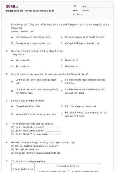 Bài tập Tuần 34: Tình yêu cuộc sống có đáp án