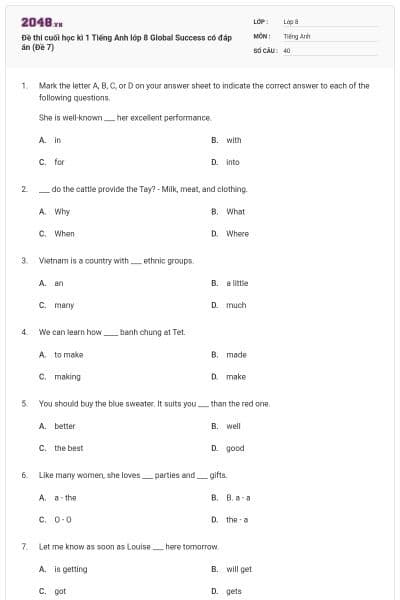 Đề thi cuối học kì 1 Tiếng Anh lớp 8 Global Success có đáp án (Đề 7)