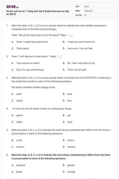 Đề thi cuối học kì 1 Tiếng Anh lớp 8 Global Success có đáp án (Đề 8)