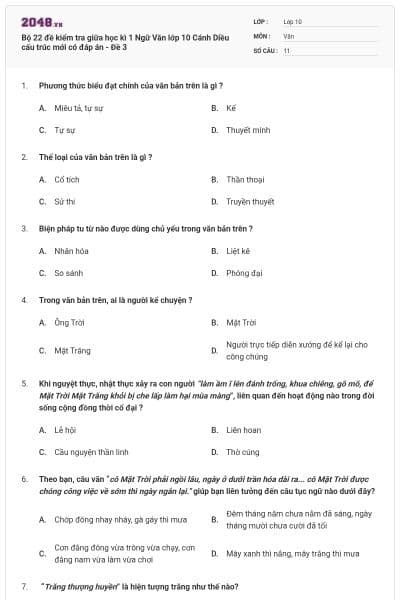 Bộ 22 đề kiểm tra giữa học kì 1 Ngữ Văn lớp 10 Cánh Diều cấu trúc mới có đáp án - Đề 3